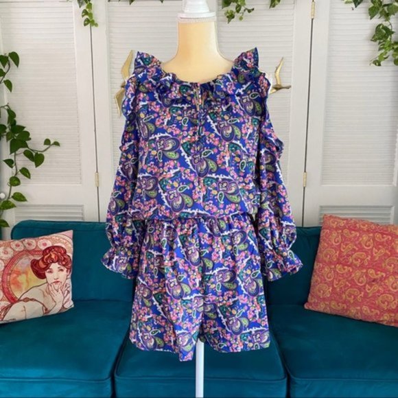 easel | Romper in the Heather Floral Print Cold Shoulder Navy Ruffle New Small - Picture 3 of 14